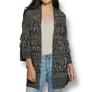 Knox Rose L Black White Fringe Cardigan Boho Open Front Chunky Knit Sweater Coat